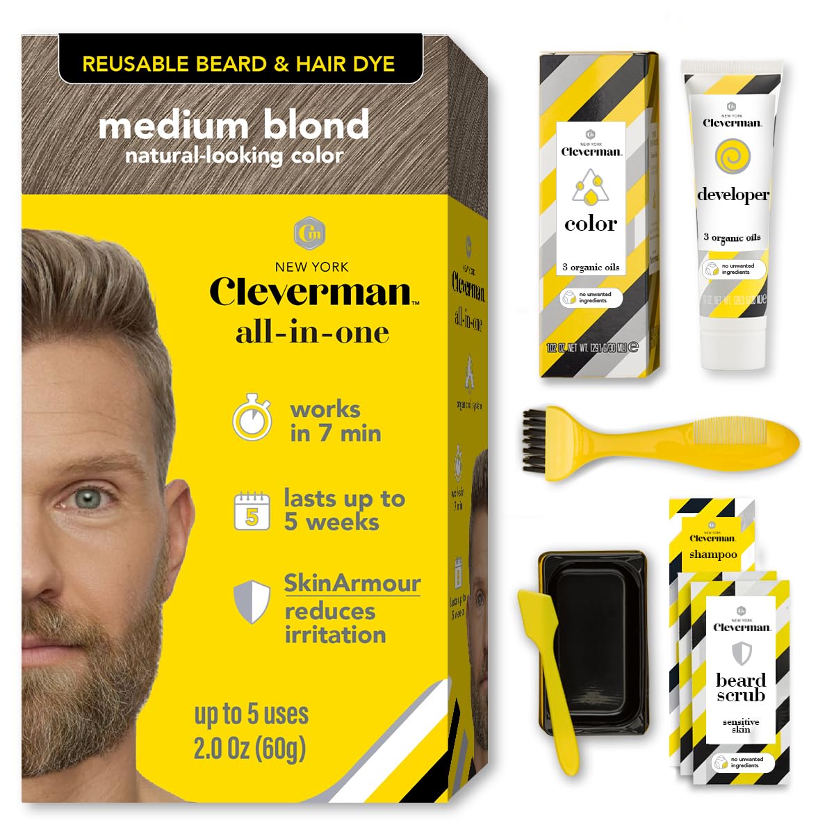 Kit de teinture pour cheveux et barbe CLEVERMAN, modèle blond moyen 8.01, vue avant