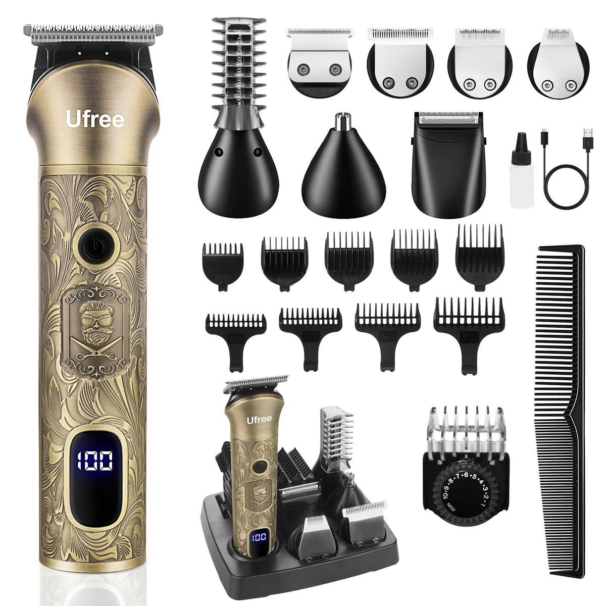 Kit de tonte Ufree 7-en-1 avec accessoires sur fond blanc