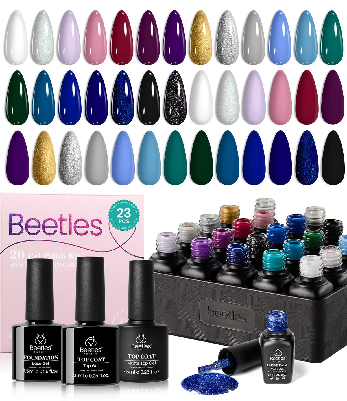 kit de vernis à ongles beetles avec 20 couleurs et 3 top coats
