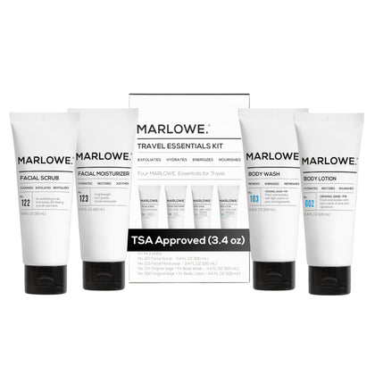 Kit de Voyage MARLOWE. comprenant gel douche, lotion, gommage et crème hydratante