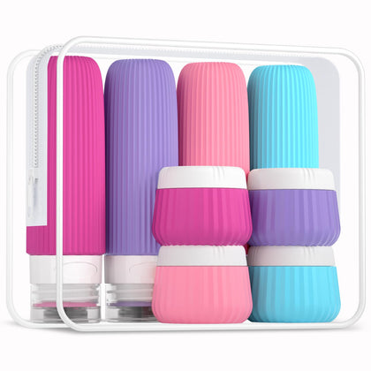 Kit de voyage Mrsdry comprenant 4 flacons en silicone et 4 pots à crème dans un sac transparent
