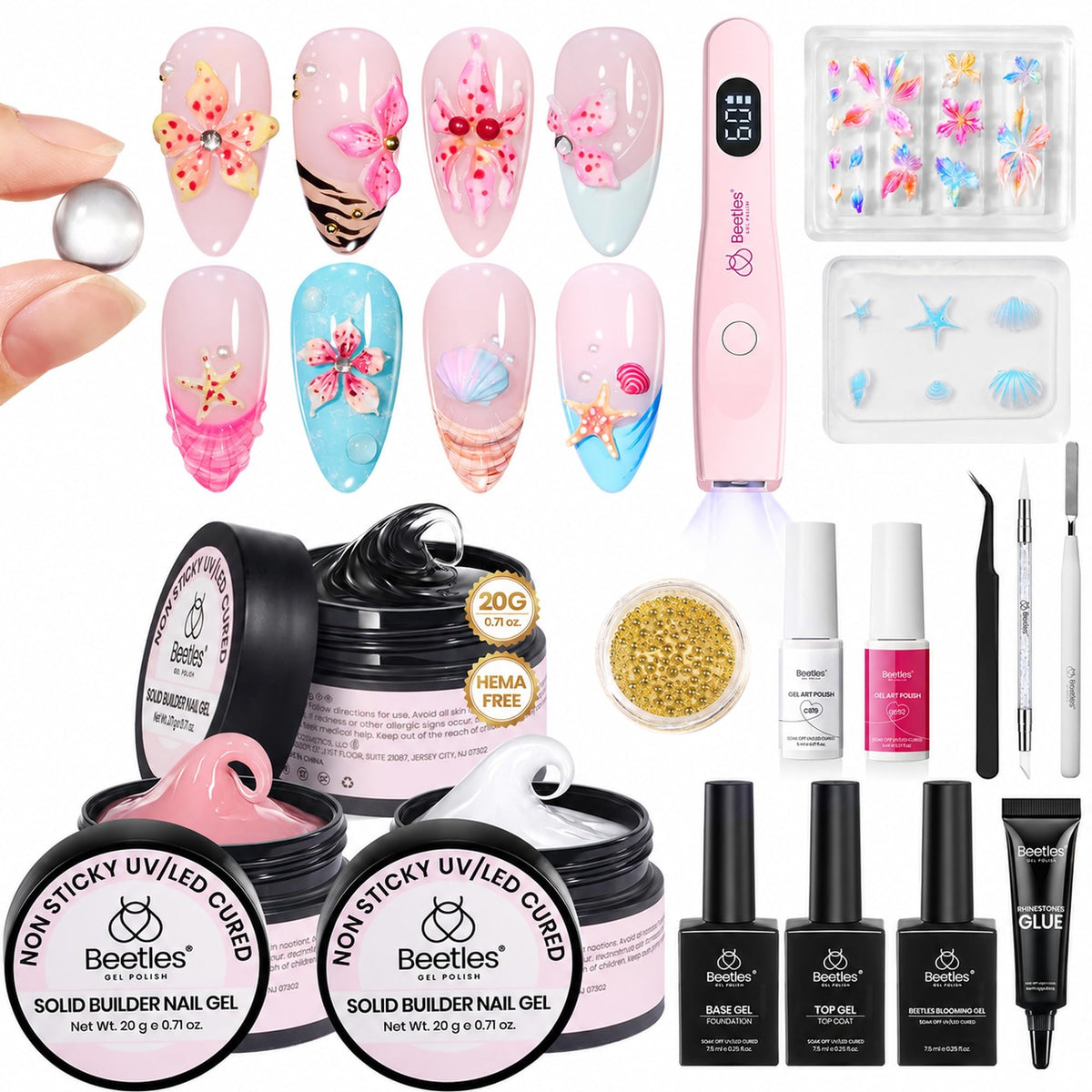 Kit Gel 3D Nail Art beetles avec moules hibiscus et océan