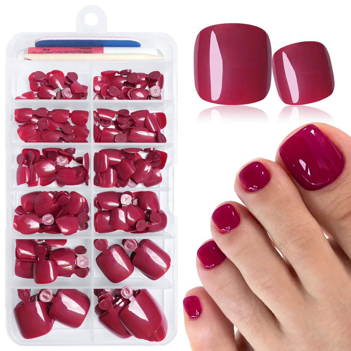 Kit LuckForever de faux ongles de pieds berry rouge, 168 pièces