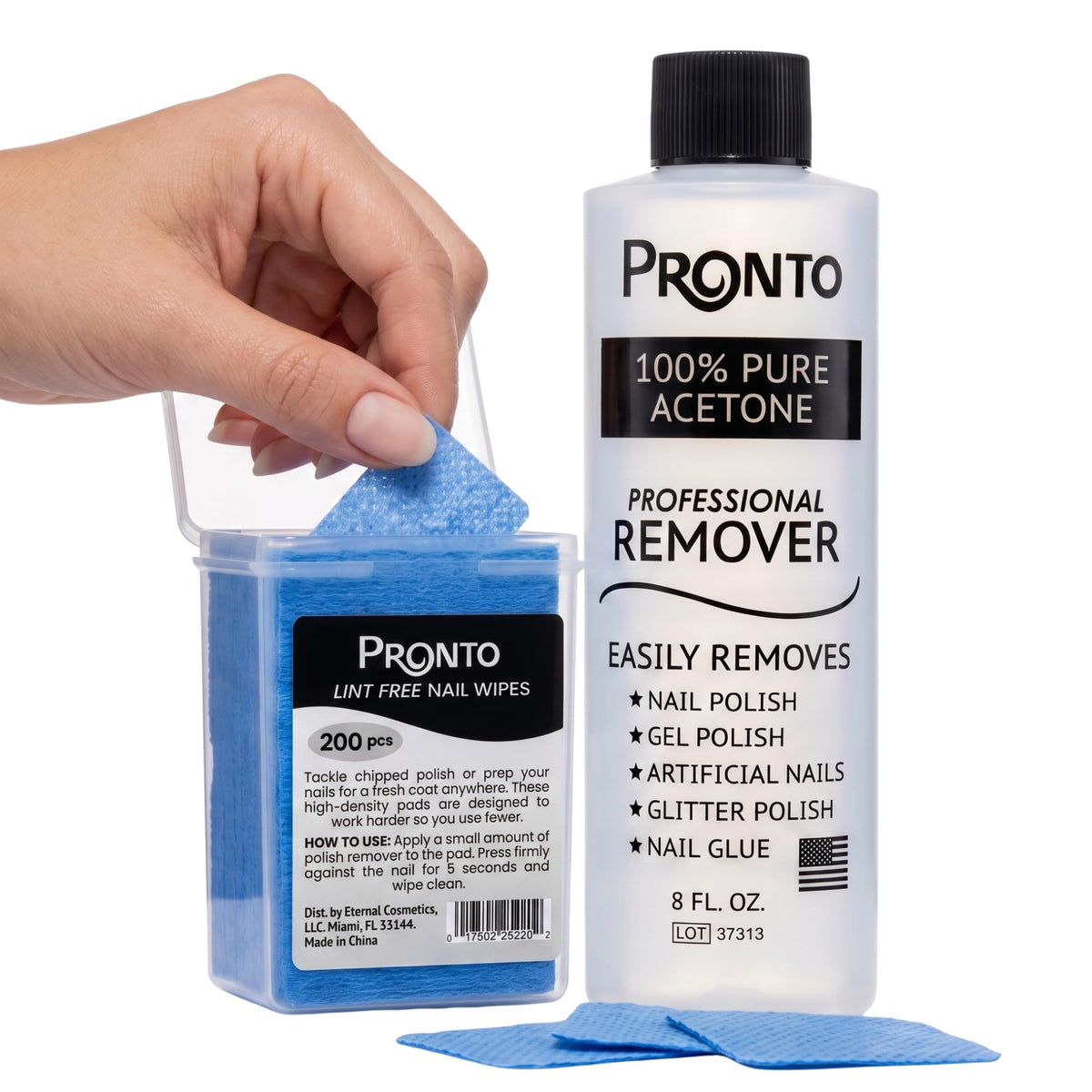 Kit Pronto Dissolvant Acétone Pure 240 ml avec lingettes sans peluches