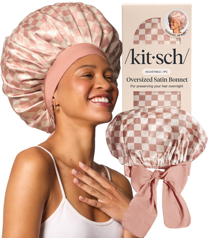 Kitsch bonnet XL en satin terracotta avant vue avec motif à carreaux