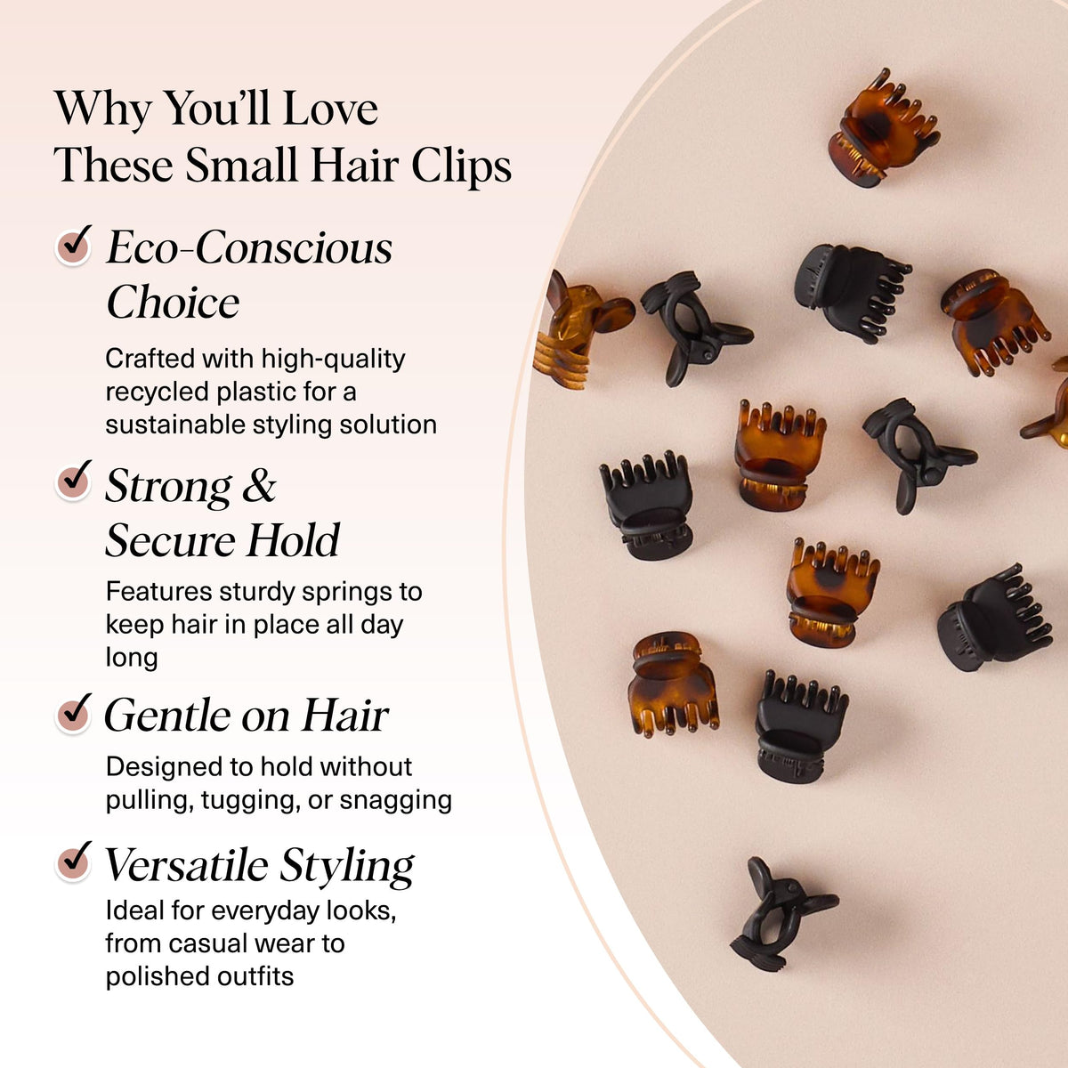 Kitsch Mini Clips à Cheveux Écaille et Noir en utilisation sur cheveux