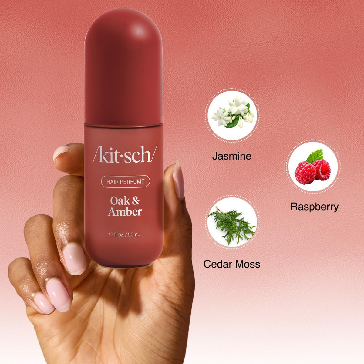 Kitsch Parfum pour Cheveux Oak & Amber 50mL avec un fond nature