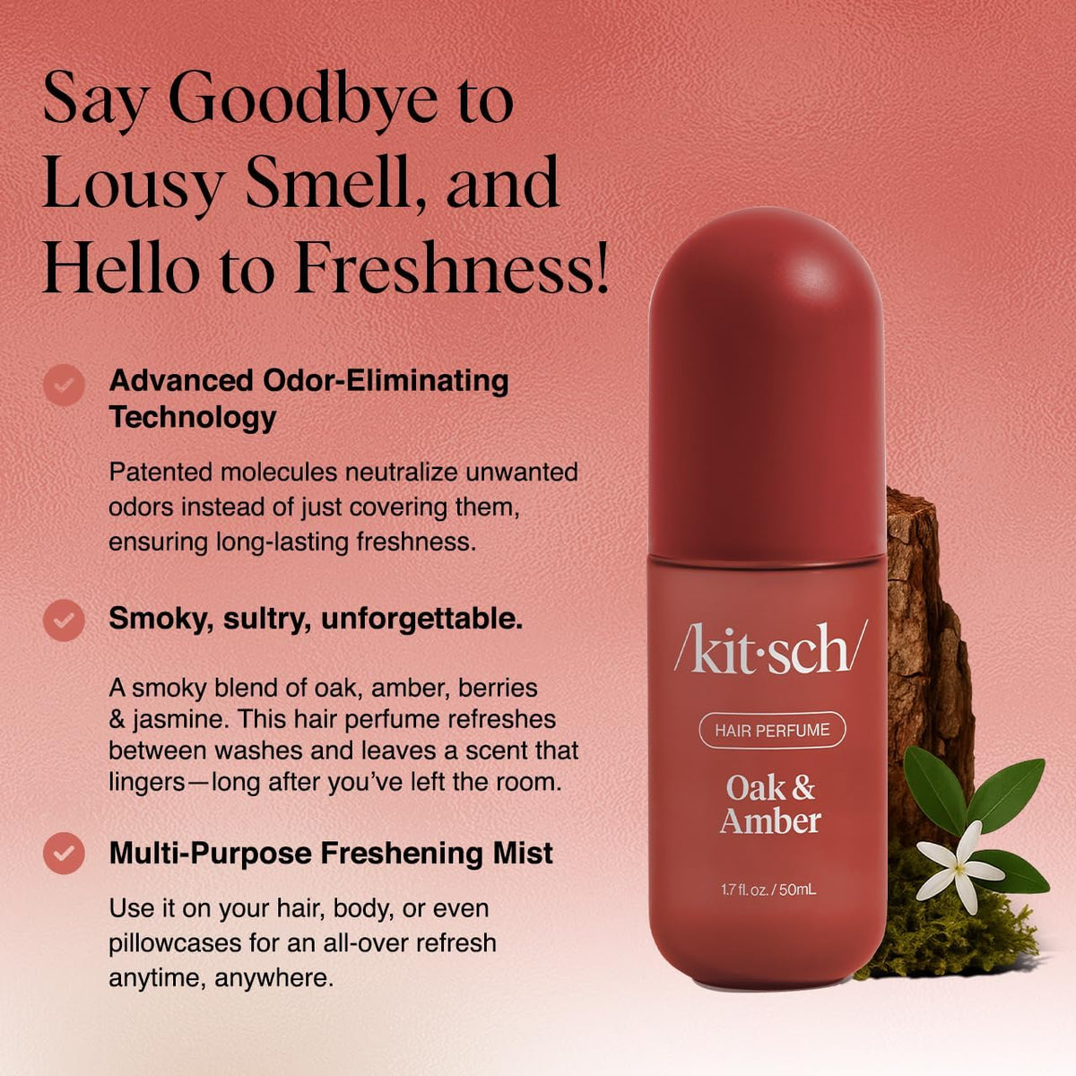 Kitsch Parfum pour Cheveux Oak & Amber 50mL flacon avec étiquette