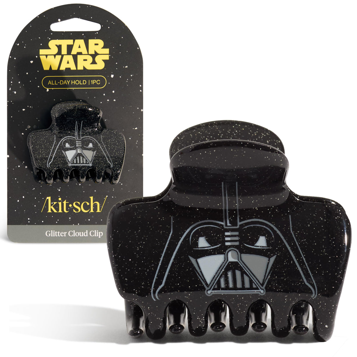 Kitsch pince à cheveux Darth Vader vue avant avec finition scintillante