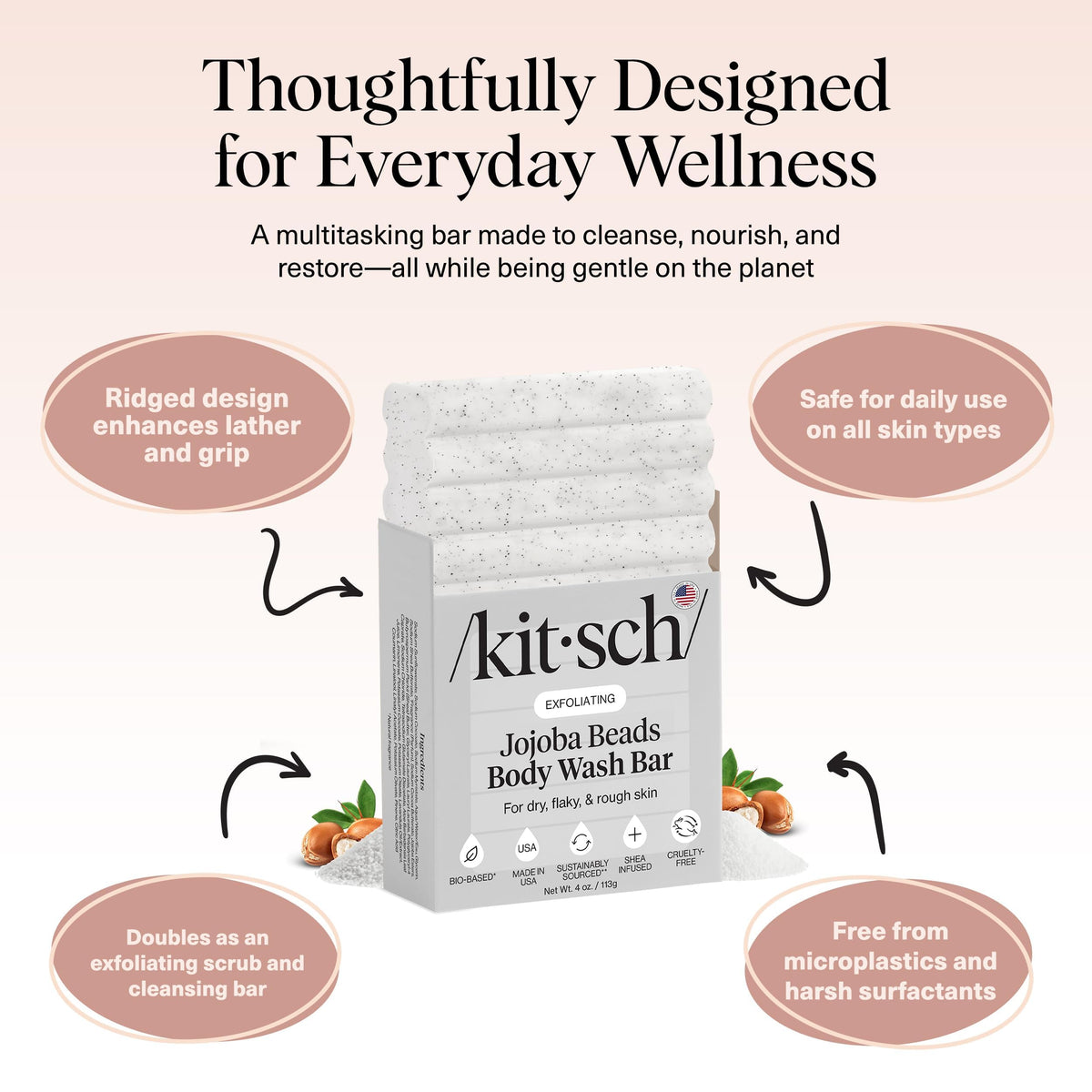 Kitsch Savon Exfoliant avec perles de jojoba, emballage