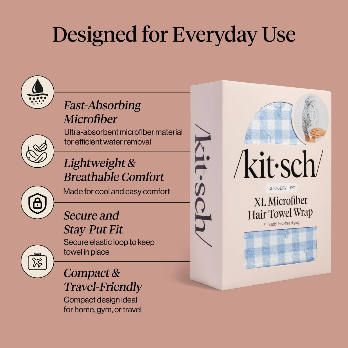 Kitsch Serviette Microfibre XL Gingham Bleu pliée