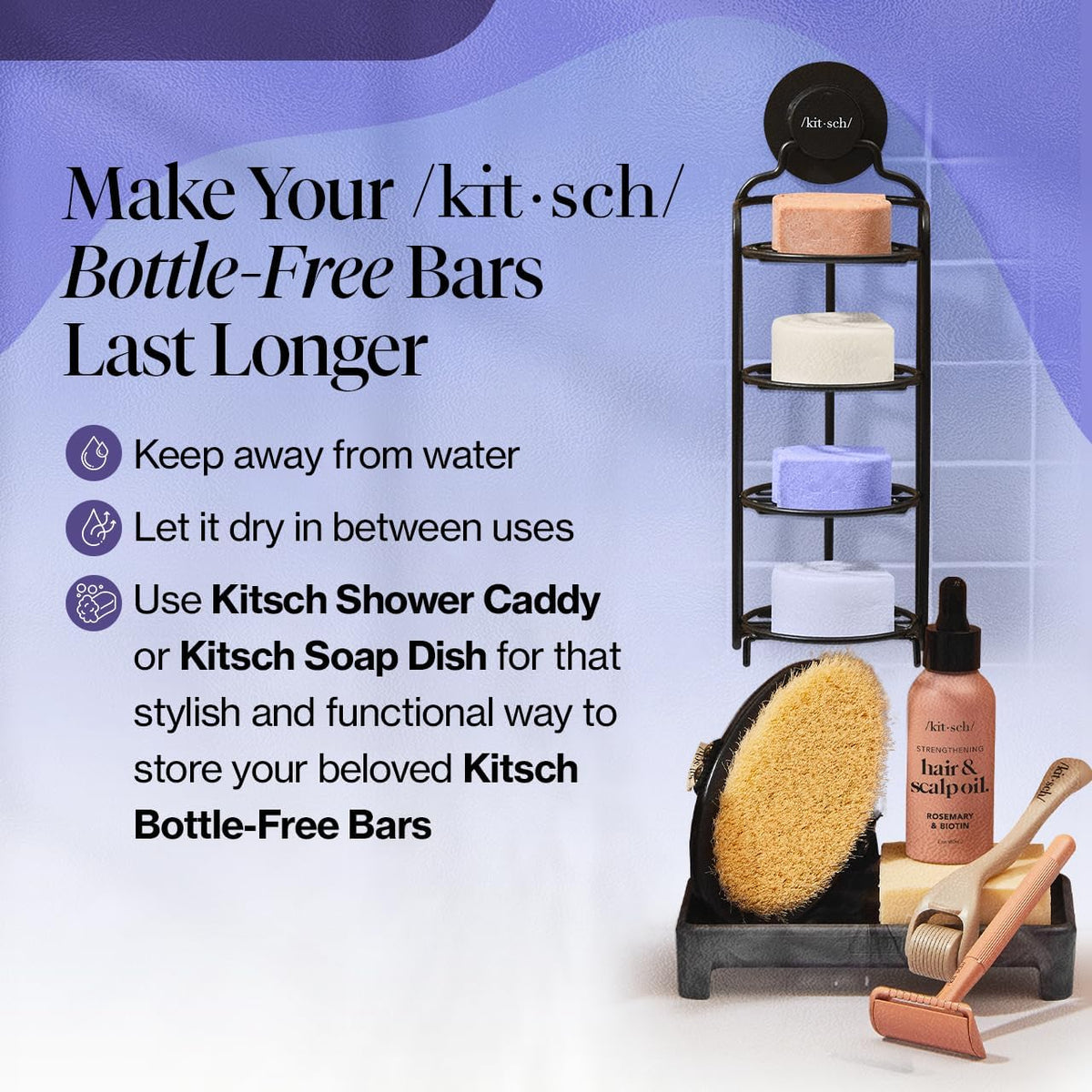 Kitsch Shampoo et Après-Shampooing violet avec plantes en arrière-plan