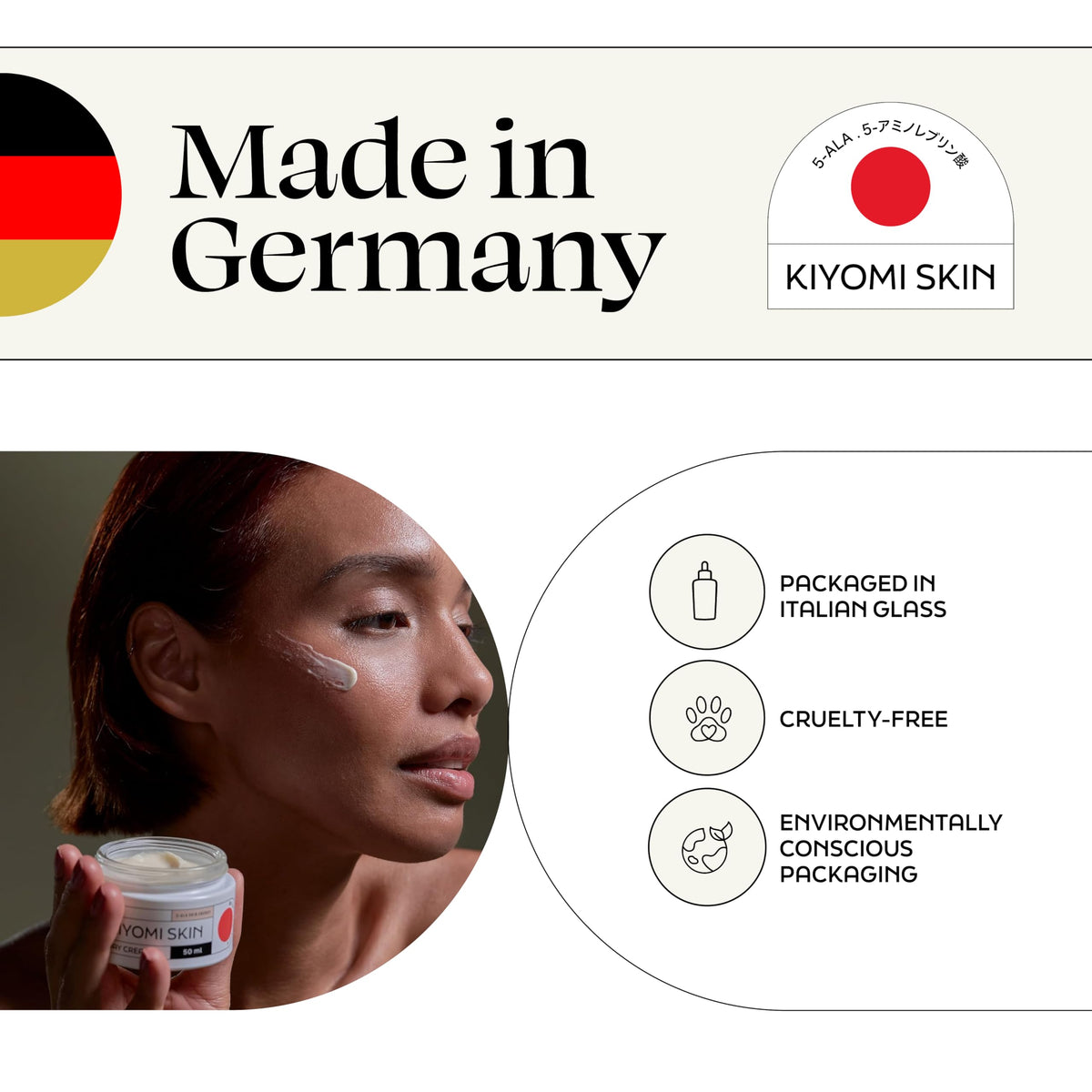Kiyomi Skin Crème de Jour 5-ALA et Acide Hyaluronique, pot en verre sur table