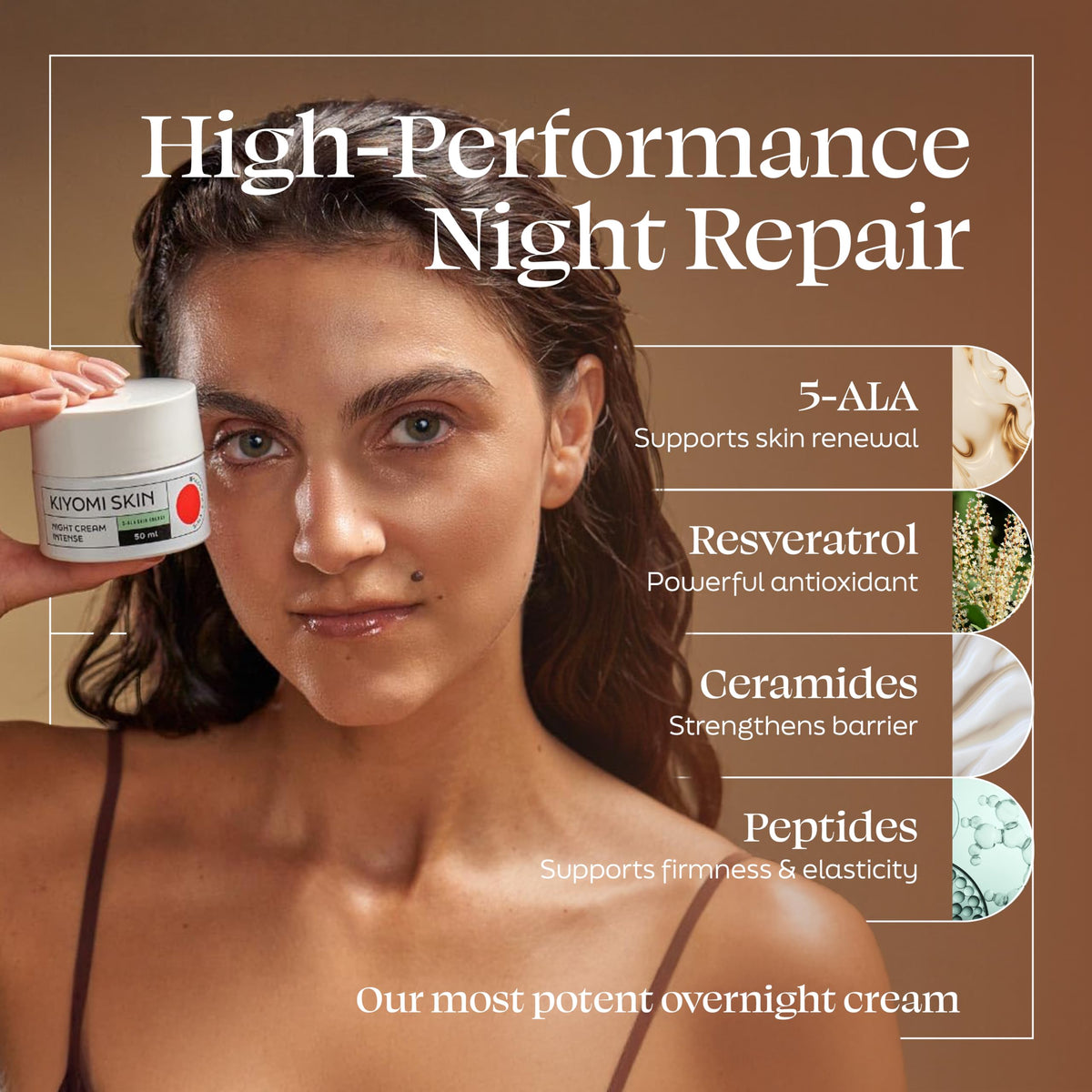 Kiyomi Skin Crème de Nuit Intense 5-ALA texture riche sur peau