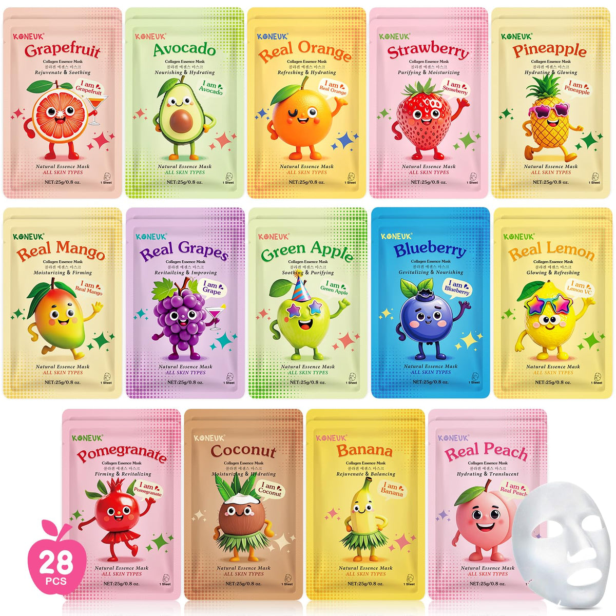 KONEUK Masques en Tissu 28 Pack avec motifs de fruits colorés