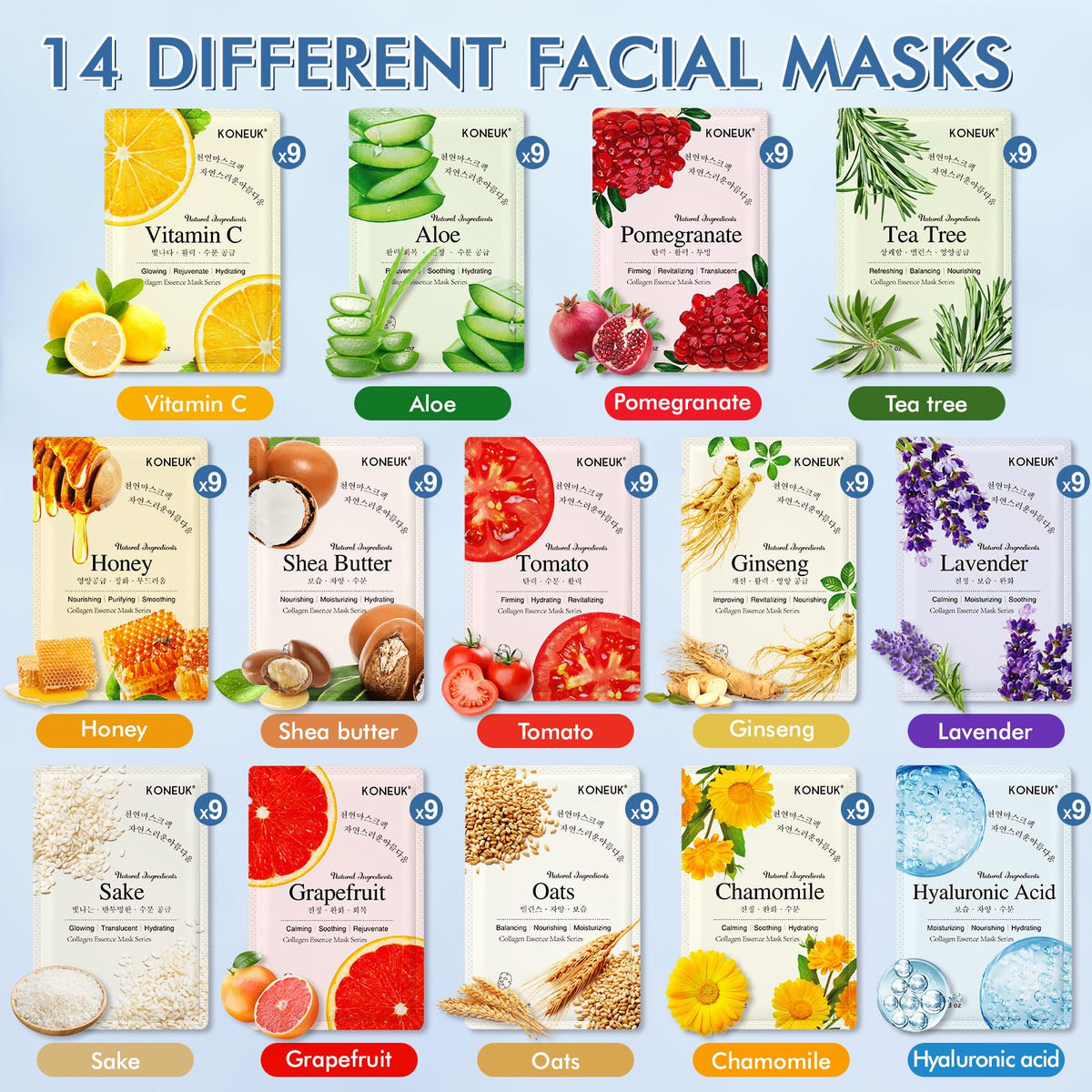 KONEUK masques en tissu variés avec ingrédients naturels