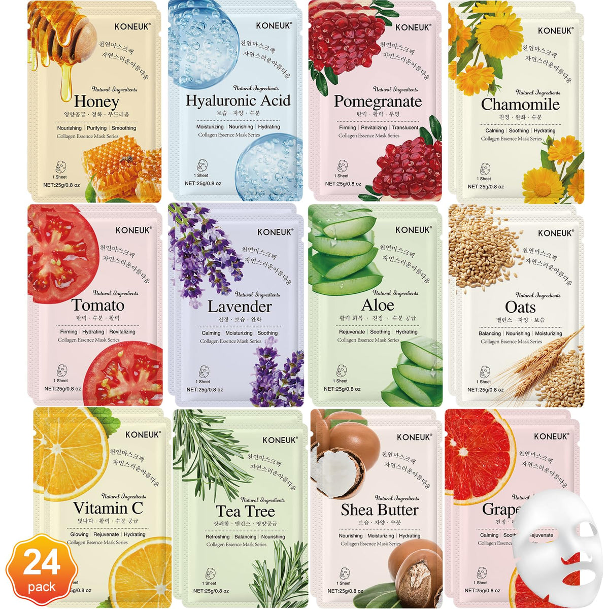 KONEUK Masques Visage Hydratants Collagène pack de 24