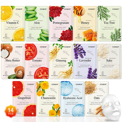 KONEUK set de 14 masques en tissu hydratants avec packaging coloré