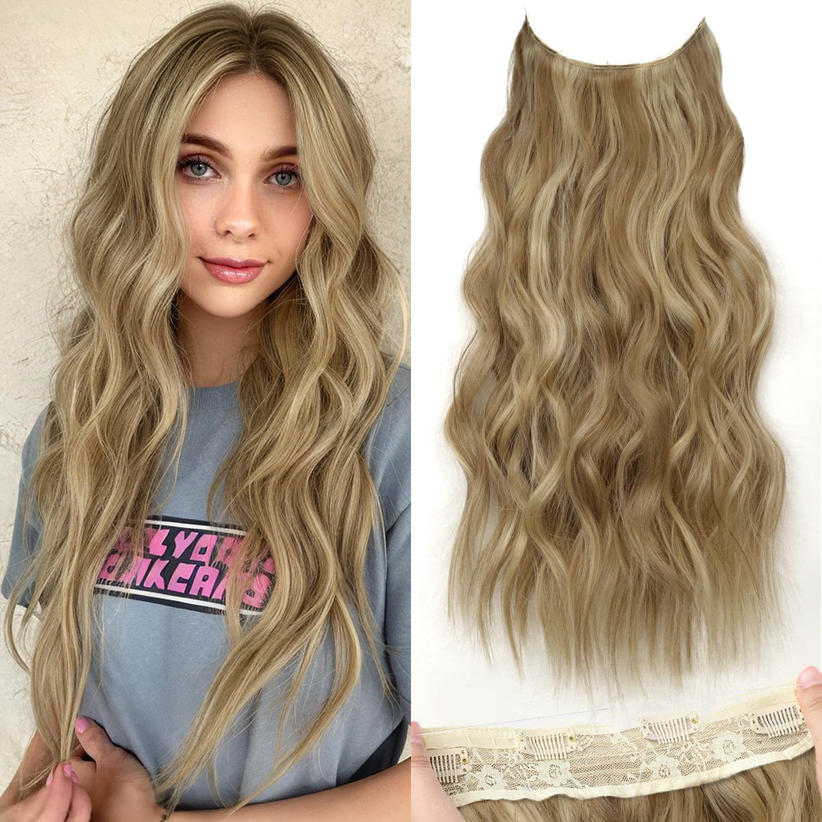 KooKaStyle extensions de cheveux blonds ondulés avec fil invisible, vue de face