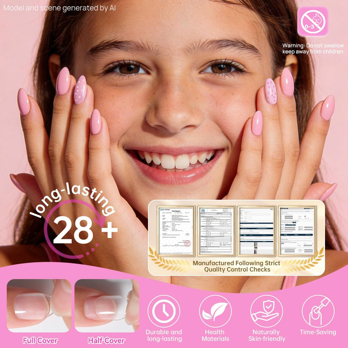 krofaue faux ongles enfant en train d'être appliqués