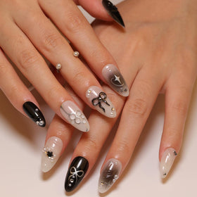 KRTBKR Faux Ongles Press On Noirs 24Pcs côté avec outils de nail art