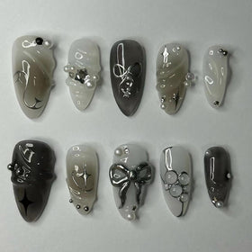 KRTBKR Faux Ongles Press On Noirs 24Pcs devant avec design étoiles et perles