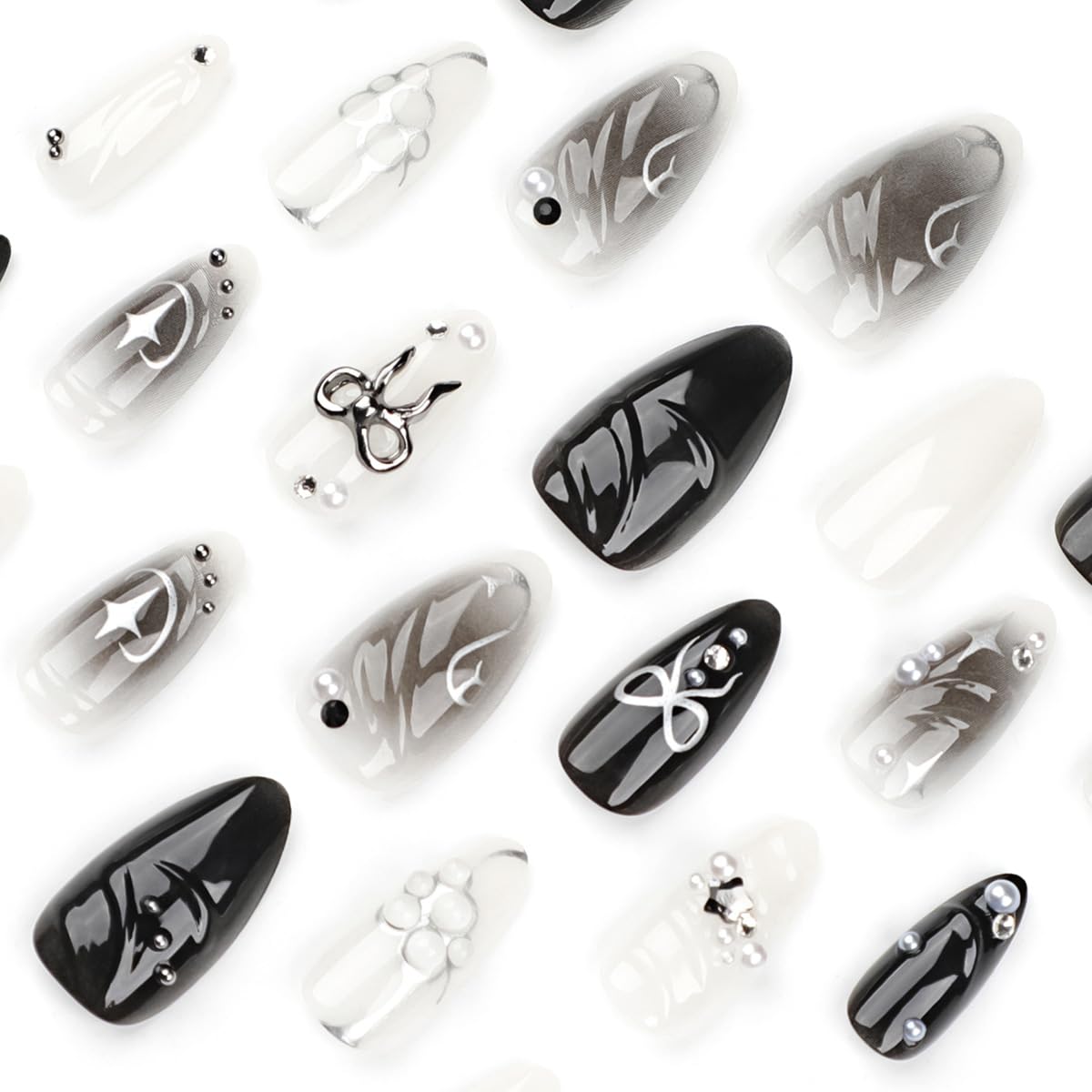 KRTBKR Faux Ongles Press On Noirs 24Pcs présentation avec strass