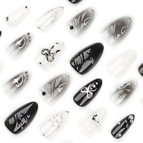 KRTBKR Faux Ongles Press On Noirs 24Pcs présentation avec strass