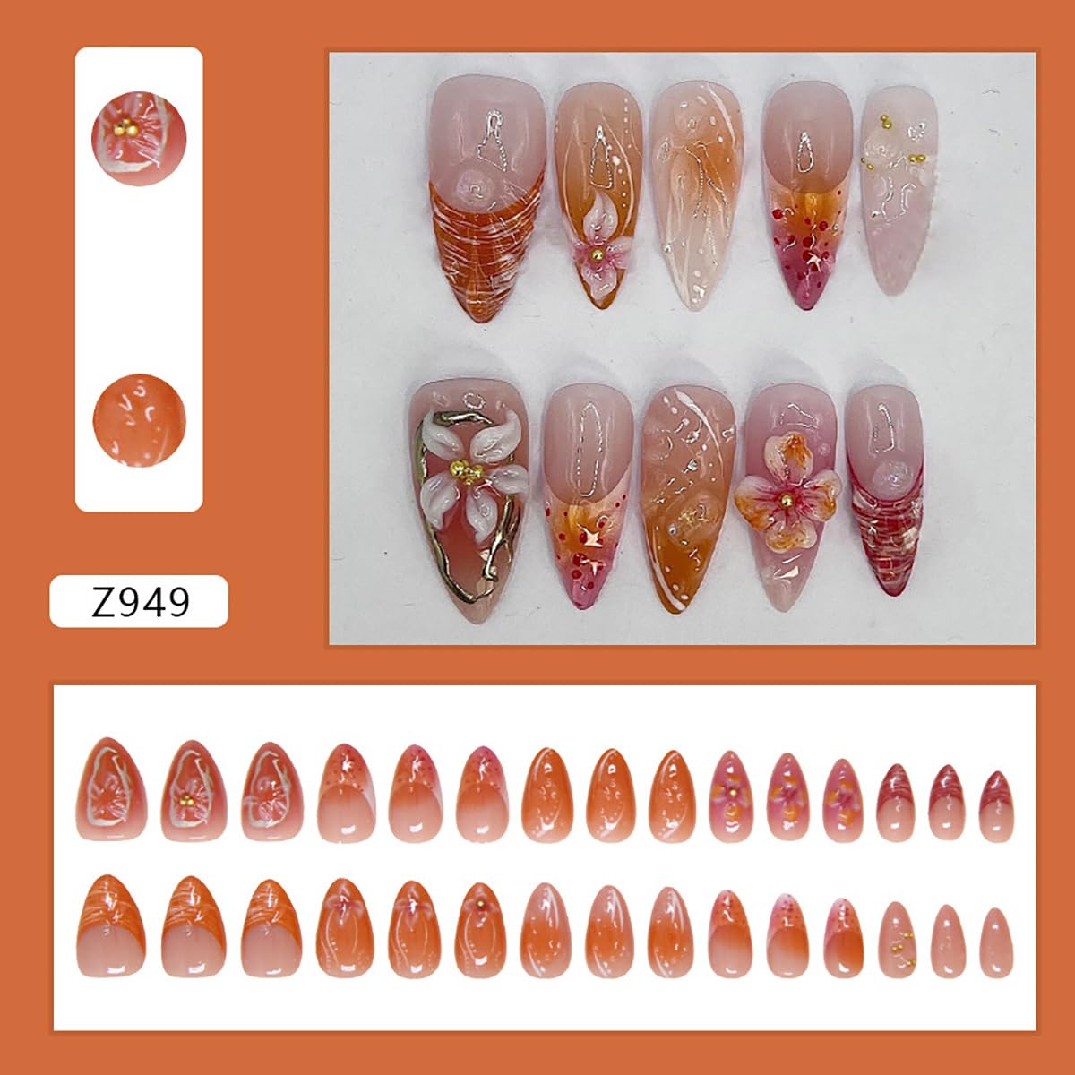 KRTBKR Faux Ongles Pressés Fleur 3D avec paillettes