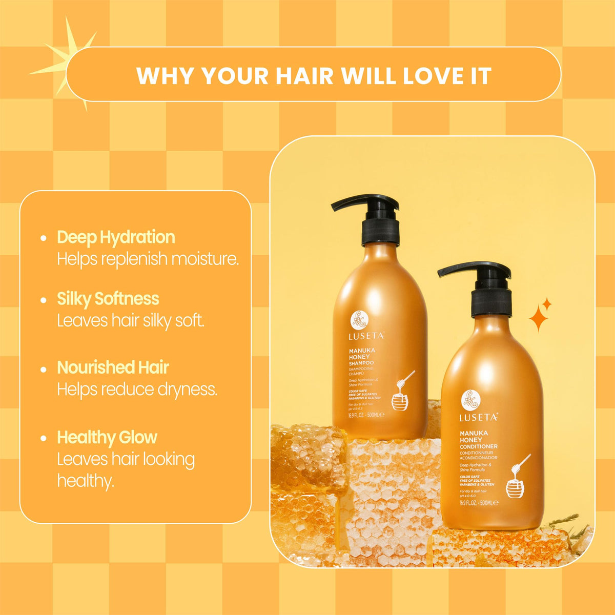 L LUSETA Shampoo et Après-Shampooing Miel de Manuka 1320g texture du produit