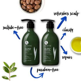 L LUSETA Shampoo et Après-Shampooing Tea Tree sur fond blanc