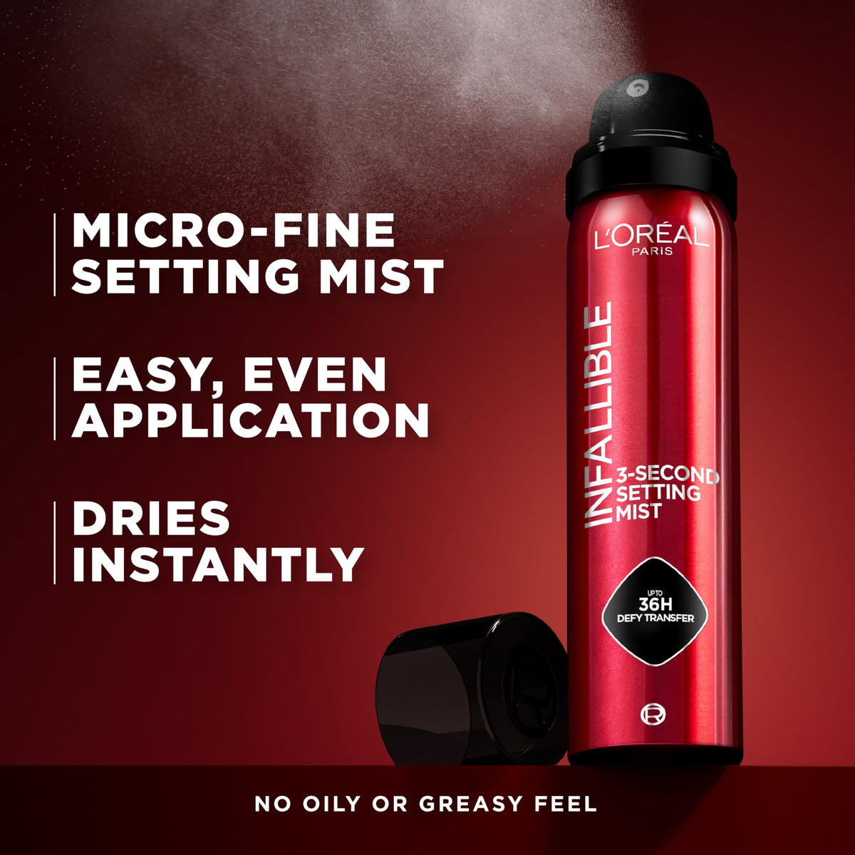 L'Oreal Paris brume fixatrice Infallible 3 Secondes application sur peau