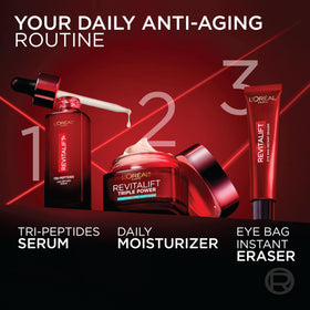 L'Oreal Paris Crème Hydratante Anti-Âge à côté d'un sérum facial