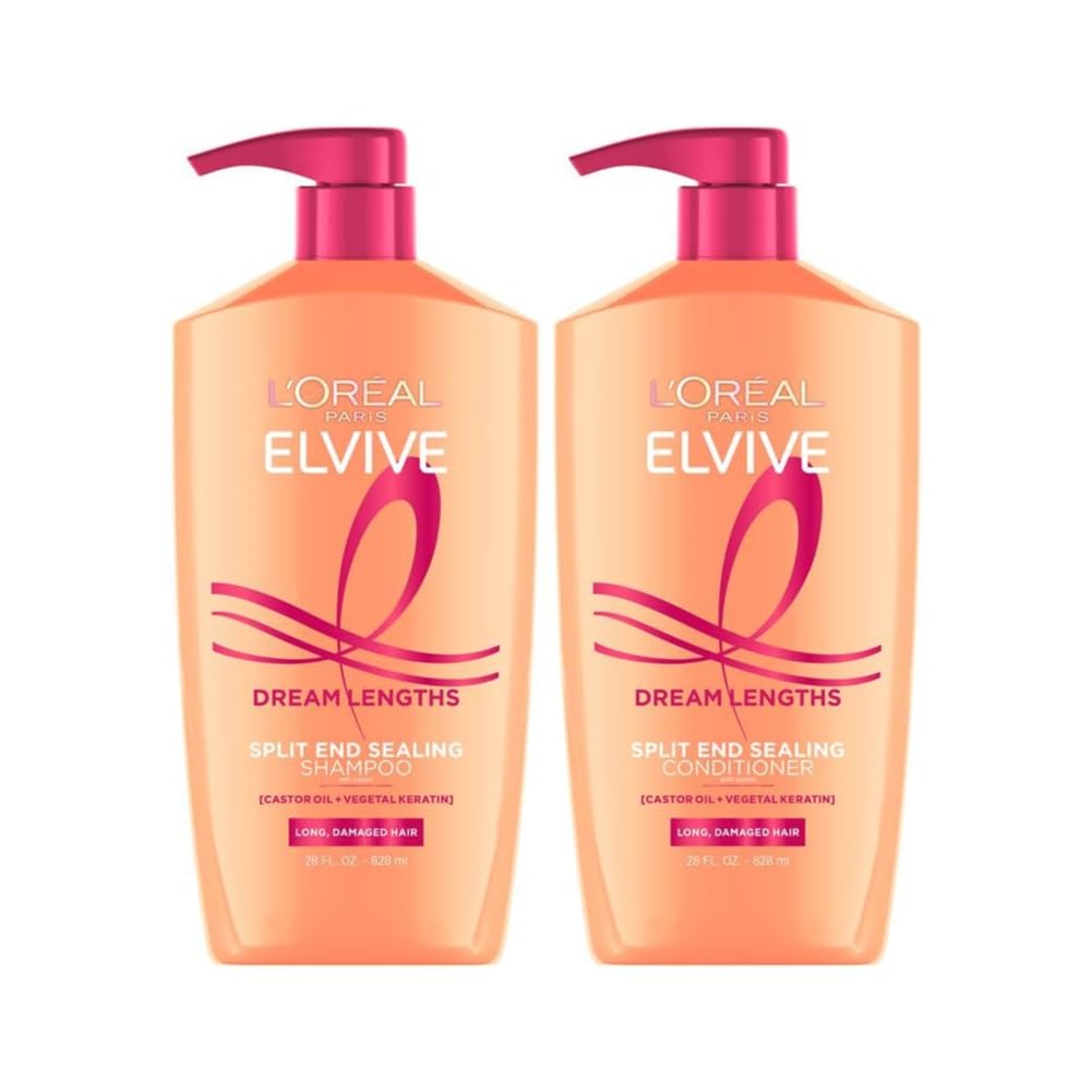 L'Oreal Paris Elvive Dream Lengths Shampoo et Après-Shampooing ensemble sur un fond blanc