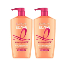 L'Oreal Paris Elvive Dream Lengths Shampoo et Après-Shampooing ensemble sur un fond blanc