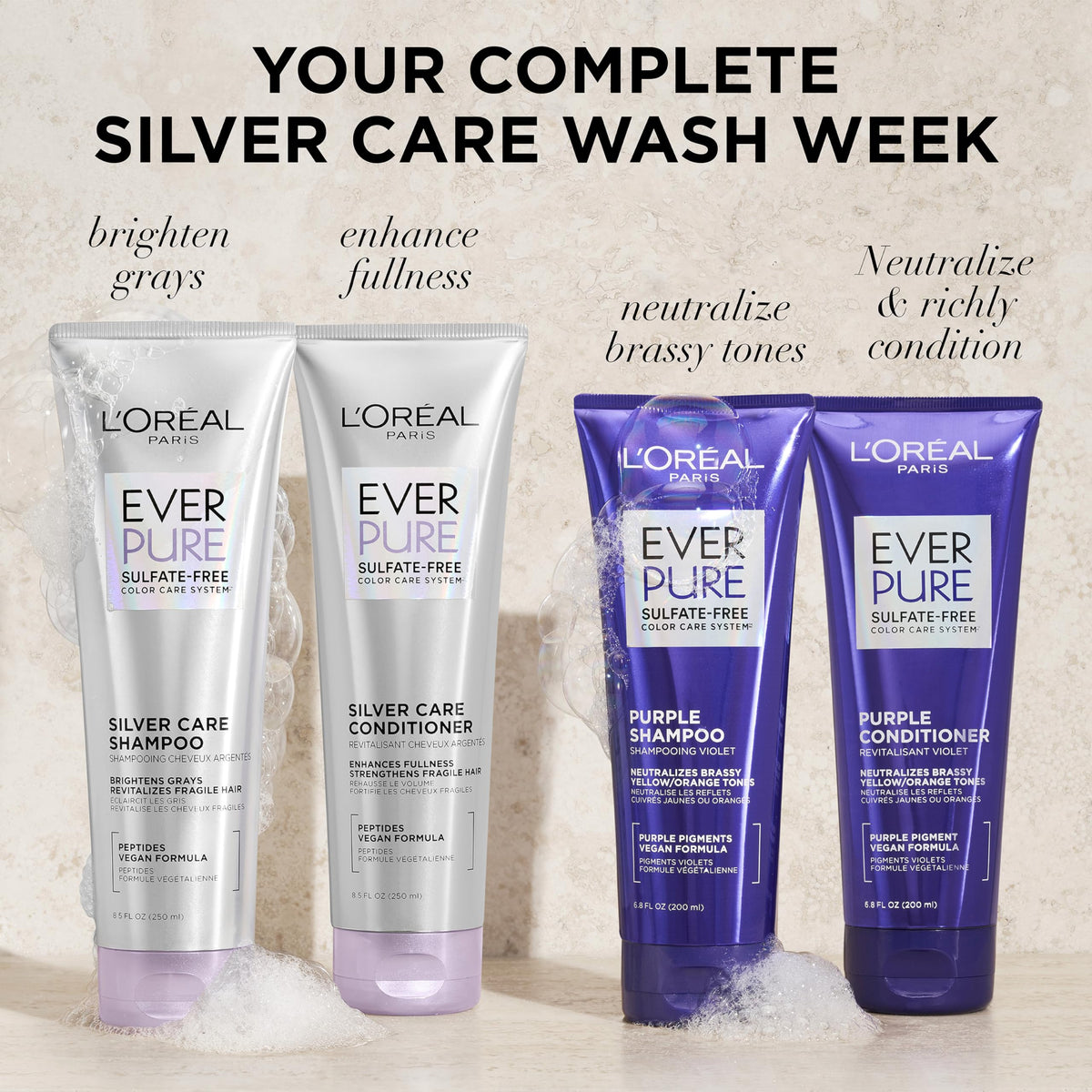 L'Oreal Paris EverPure Silver Care Shampoo sur fond blanc