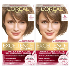 L'Oreal Paris Excellence Crème 6 Châtain Clair devant une boîte de teinture
