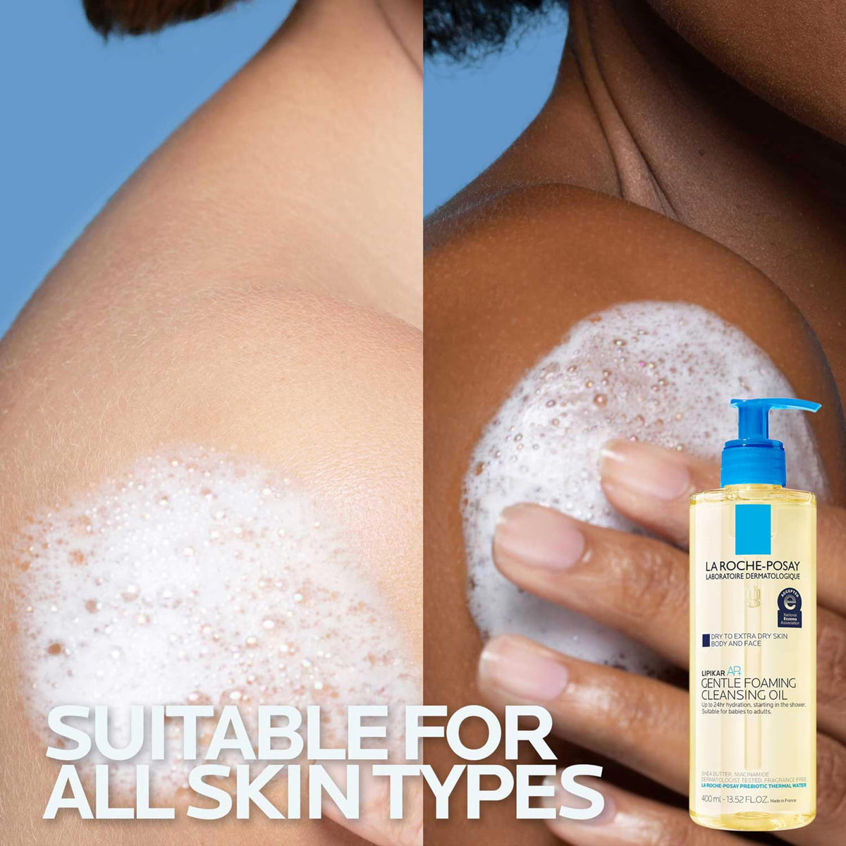 La Roche-Posay Lipikar AP+ Huile Nettoyante Moussante avec un flacon ouvert