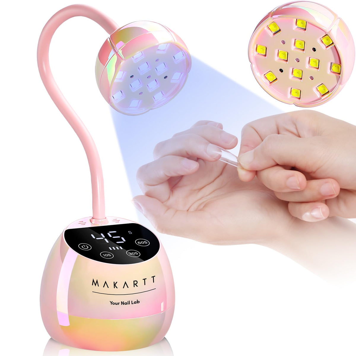 Lampe UV Makartt rose glacé vue avant avec base en forme de fleur