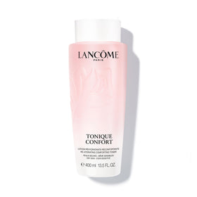 Lancôme Tonique Confort 400 ml avec texture laiteuse sur fond blanc