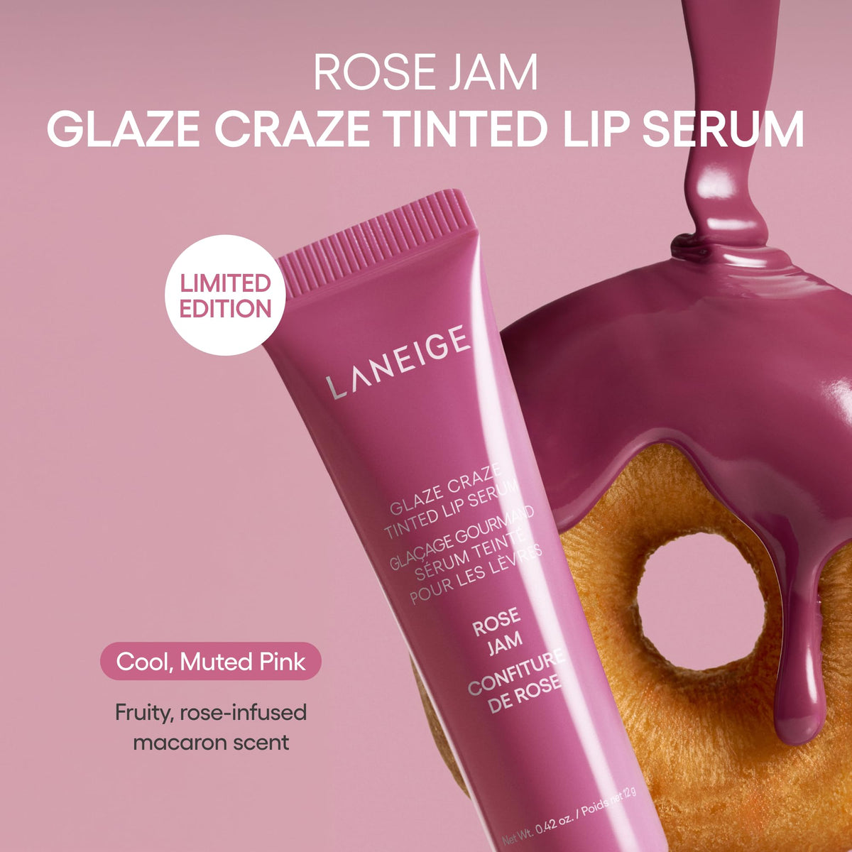 LANEIGE Glaze Craze Sérum à Lèvres Teinté Rose Jam 20g texture sur les lèvres