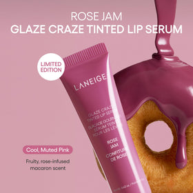 LANEIGE Glaze Craze Sérum à Lèvres Teinté Rose Jam 20g texture sur les lèvres