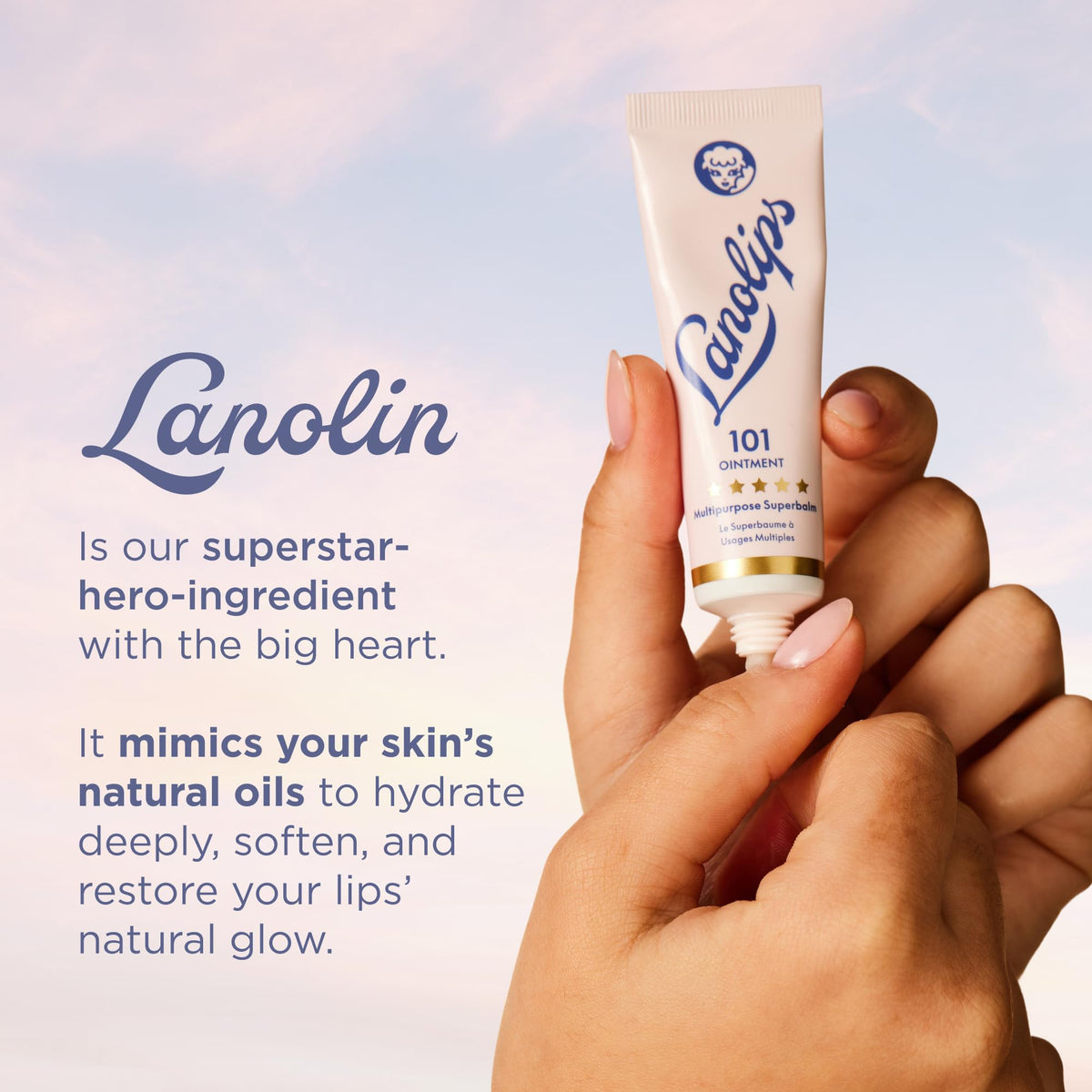 Lanolips Baume 101 sur une table avec un fond naturel