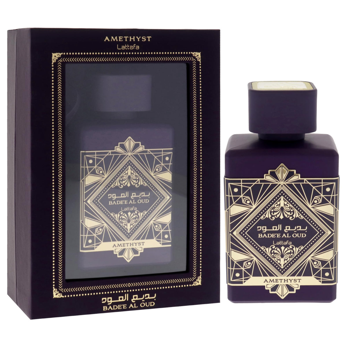 Lattafa Bade'e Al Oud Amethyst Eau de Parfum sur une table