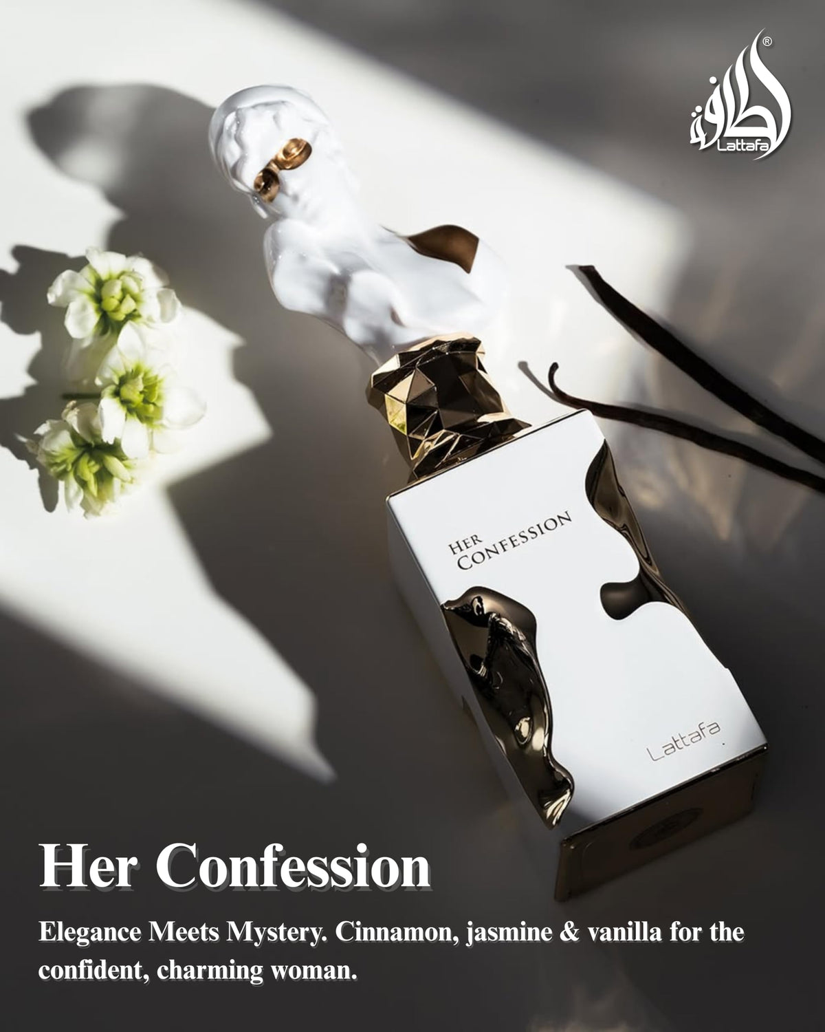 Lattafa Her Confession Eau de Parfum avec fleurs en arrière-plan