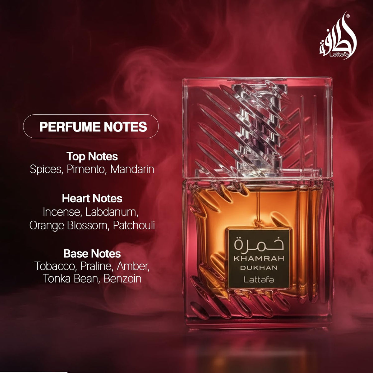 Lattafa Khamrah Dukhan parfum sur fond neutre