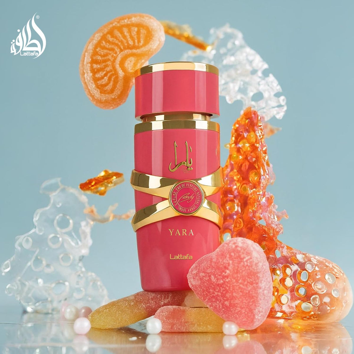 Lattafa Yara Candy Eau de Parfum avec un fond coloré