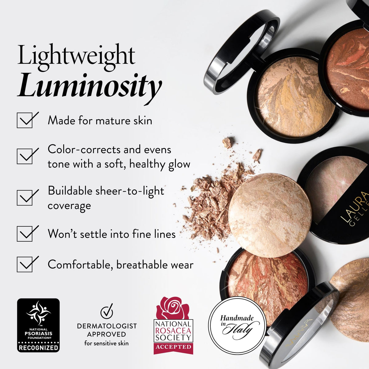 LAURA GELLER Fond de Teint Poudré Illuminant Porcelain texture sur main