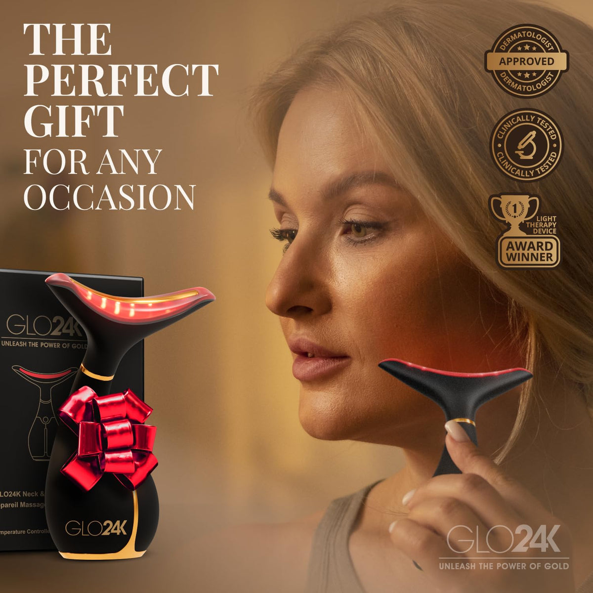 Le massager GLO24K posé sur une table avec son couvercle