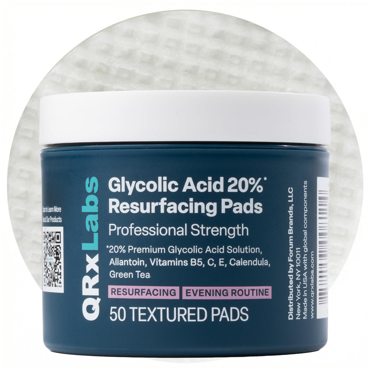 Lingettes Acides Glycoliques QRxLabs 20% en pot, vue de face